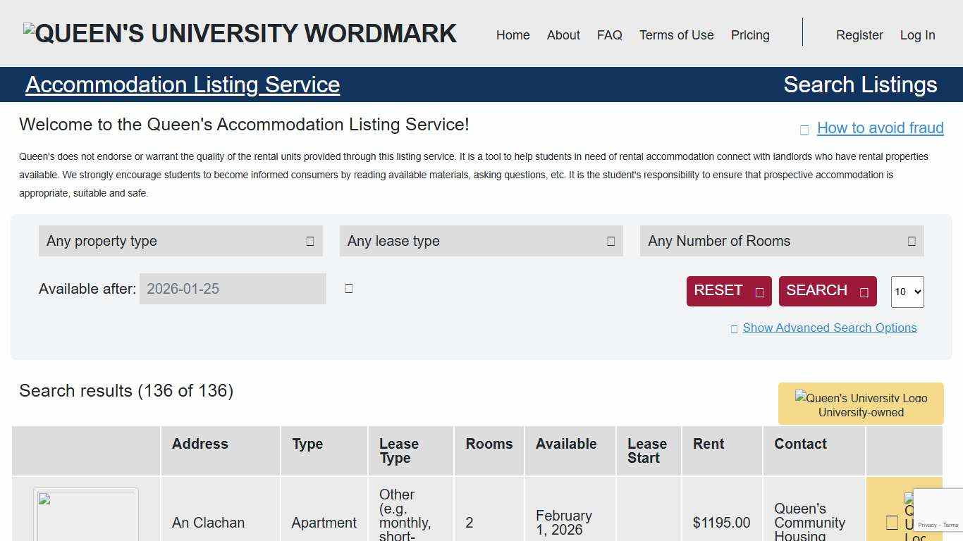 Search Listings Accommodation Listing Service